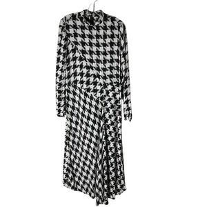 Ann Taylor Houndstooth Dress Mock-Neck Midi Long Sleeve Black White Size 8